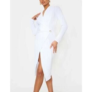 White Long Sleeve Wrap Midi Dress Bodycon Blazer Gold Buttons Dress Size US 4